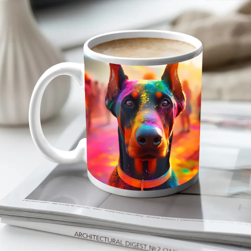 Doberman Covered in Colorful Holi Powder – Mugs