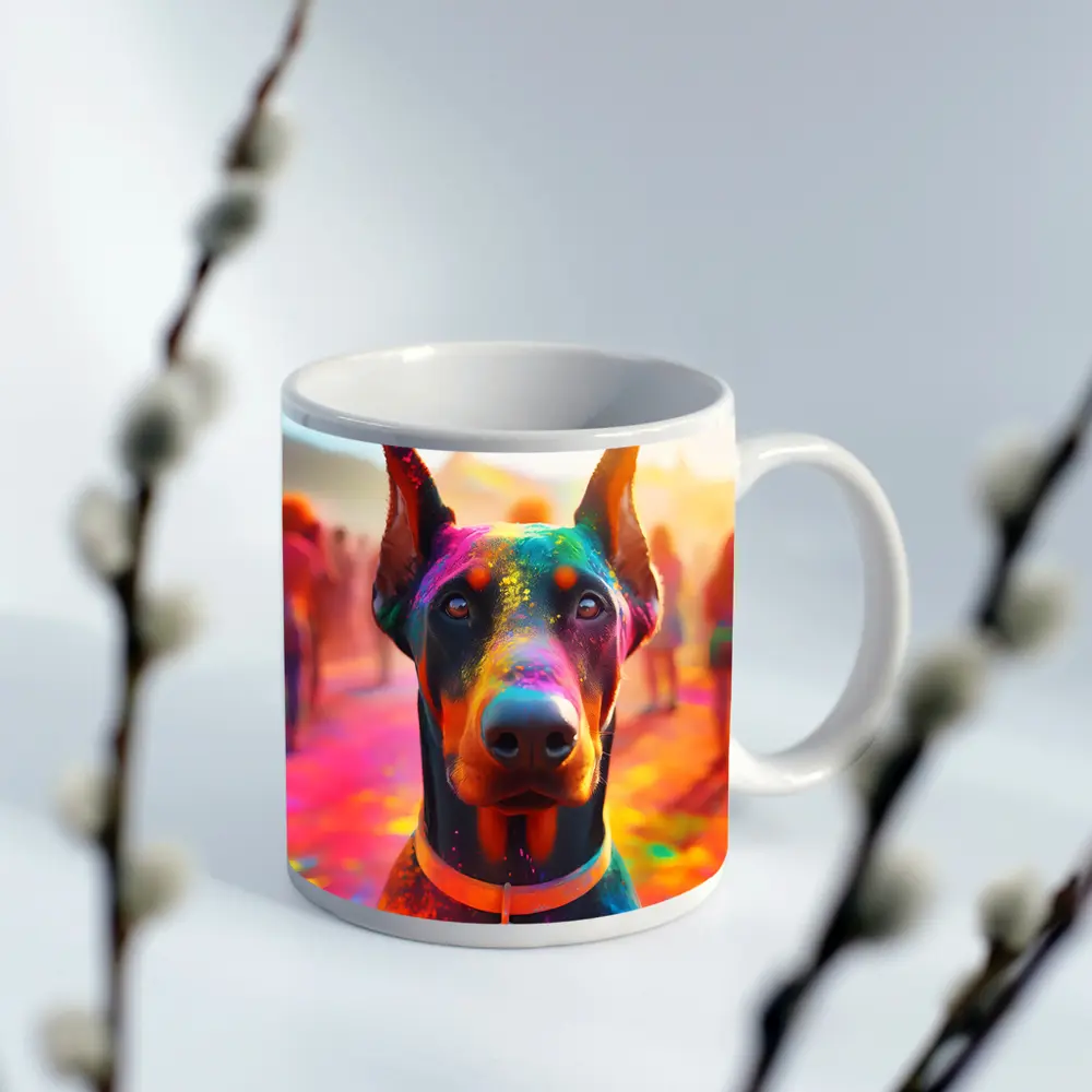 Doberman Covered in Colorful Holi Powder – Mugs