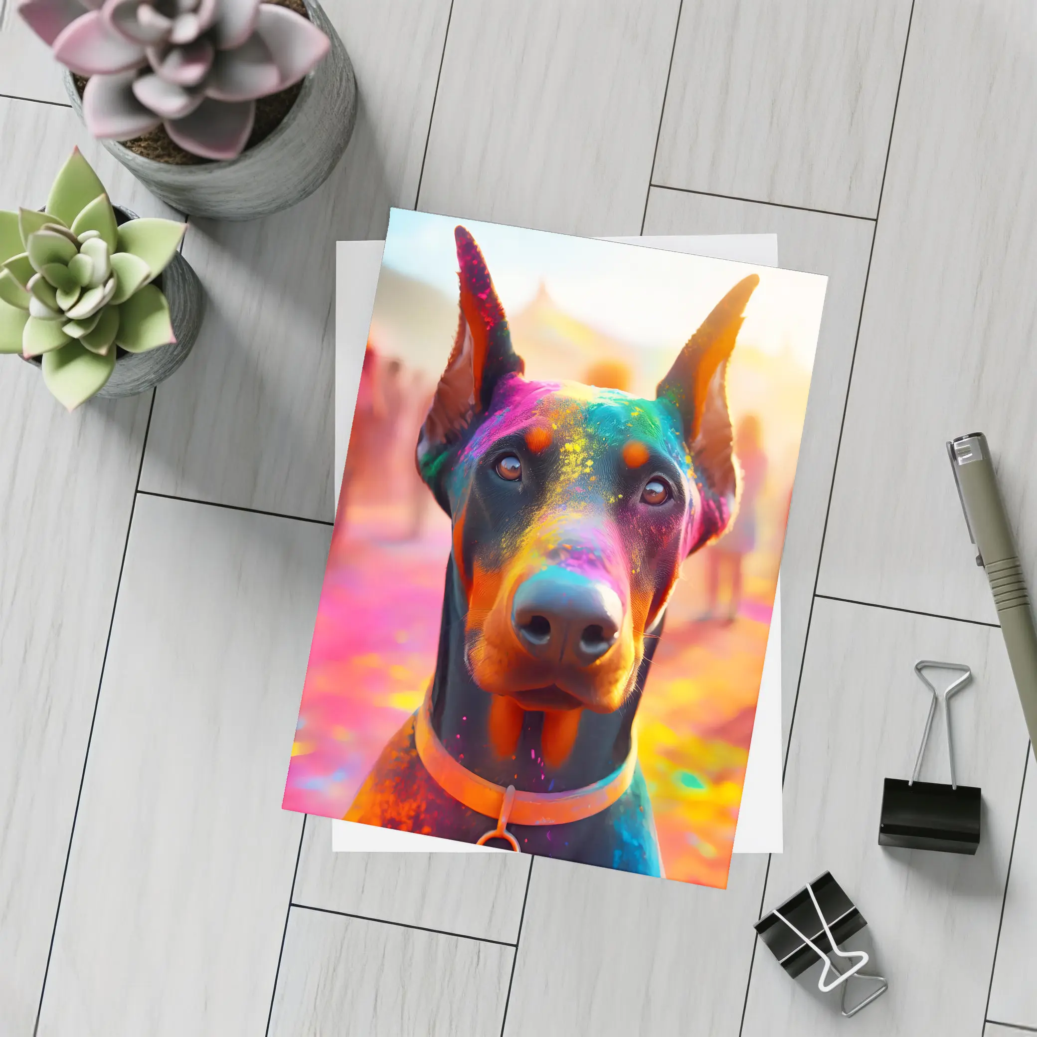 Doberman Covered in Colorful Holi Powder – Postcards