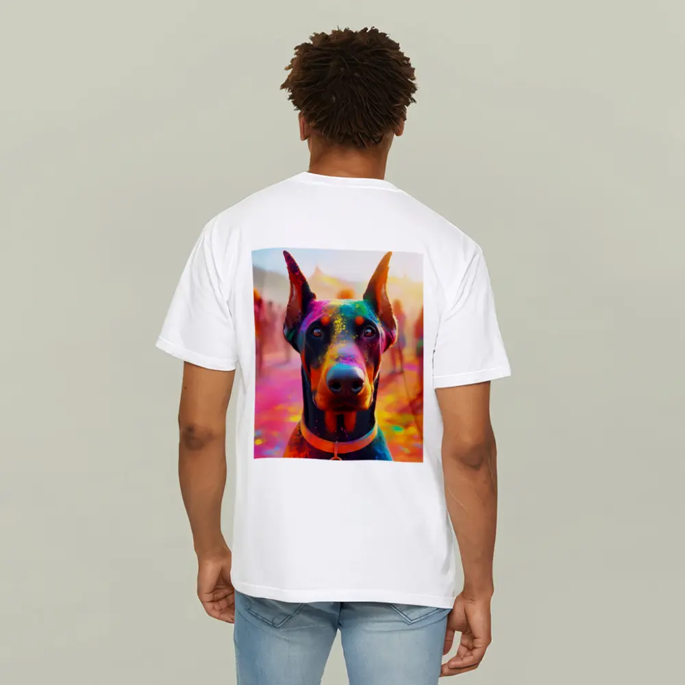 Doberman Covered in Colorful Holi Powder – T-Shirts
