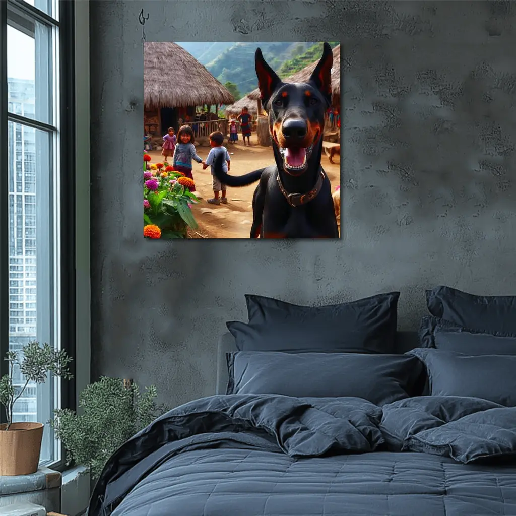 Doberman Pinscher Happy In Rural Village – Wall Art