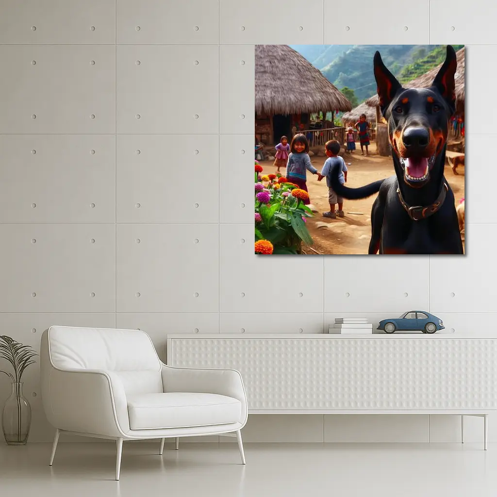 Doberman Pinscher Happy In Rural Village – Wall Art