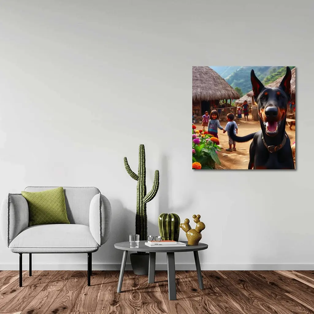 Doberman Pinscher Happy In Rural Village – Wall Art