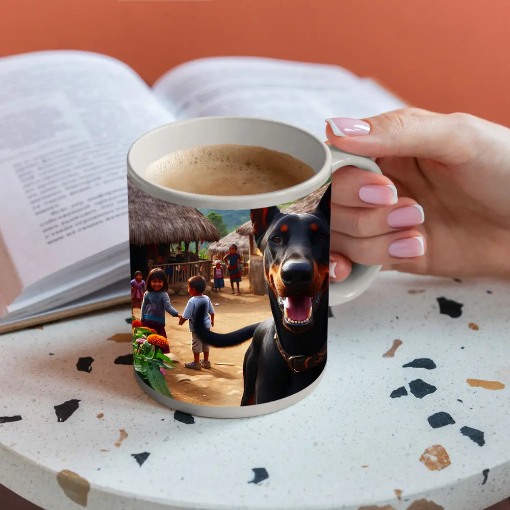 Doberman Pinscher Happy In Rural Village – Mugs