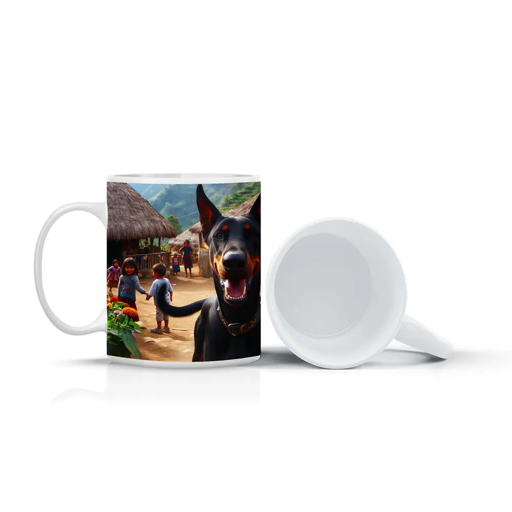 Doberman Pinscher Happy In Rural Village – Mugs