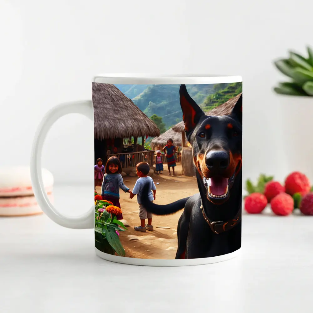 Doberman Pinscher Happy In Rural Village – Mugs