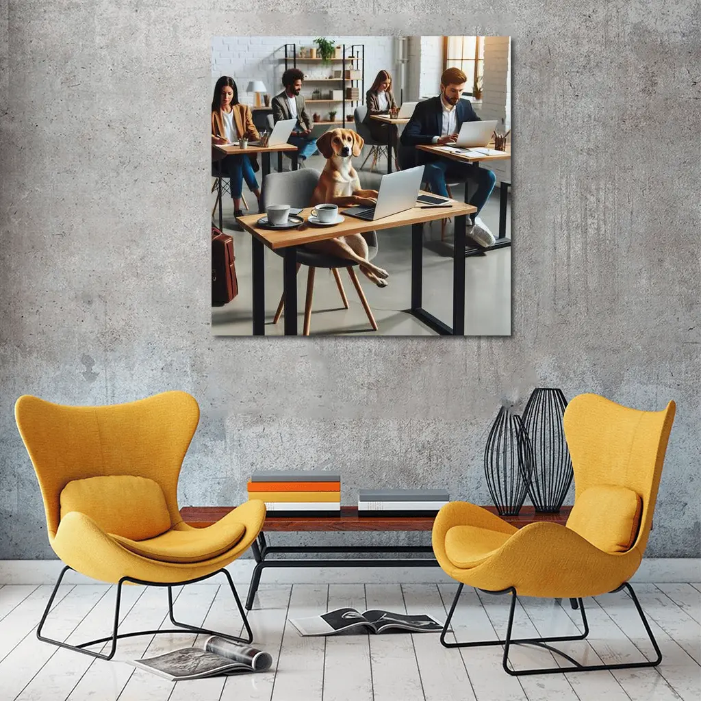 Dog Working Laptop Coffee Shop Office – Wall Art