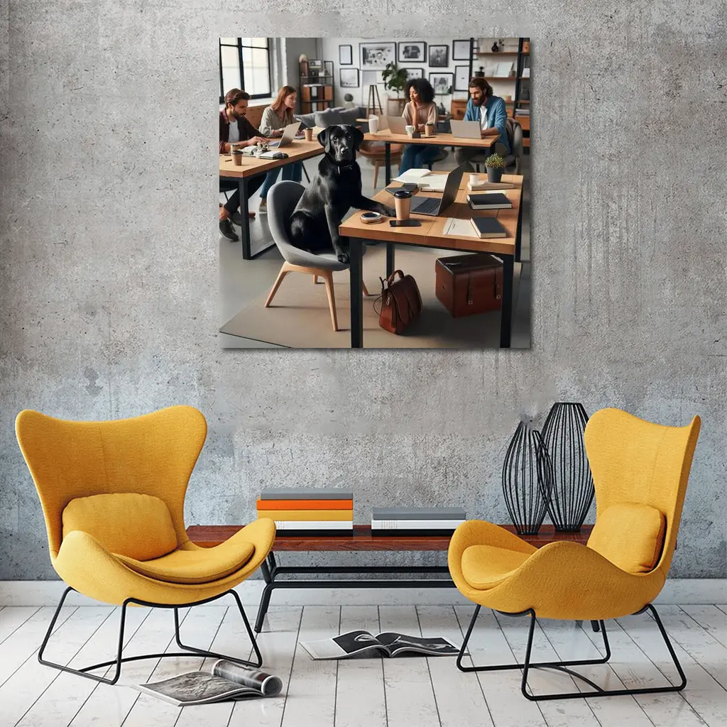 Black Labrador Sitting at Modern Office Desk – Wall Art