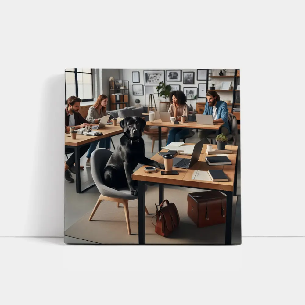 Black Labrador Sitting at Modern Office Desk – Wall Art