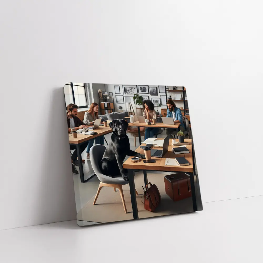 Black Labrador Sitting at Modern Office Desk – Wall Art