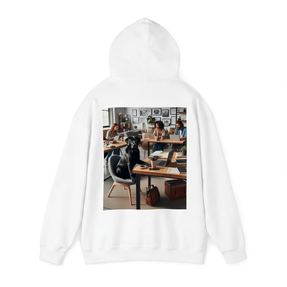 Black Labrador Sitting at Modern Office Desk – Hoodies