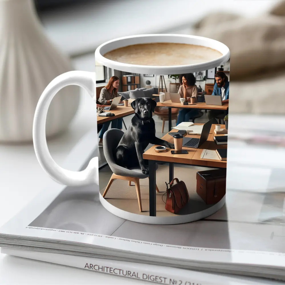 Black Labrador Sitting at Modern Office Desk – Mugs