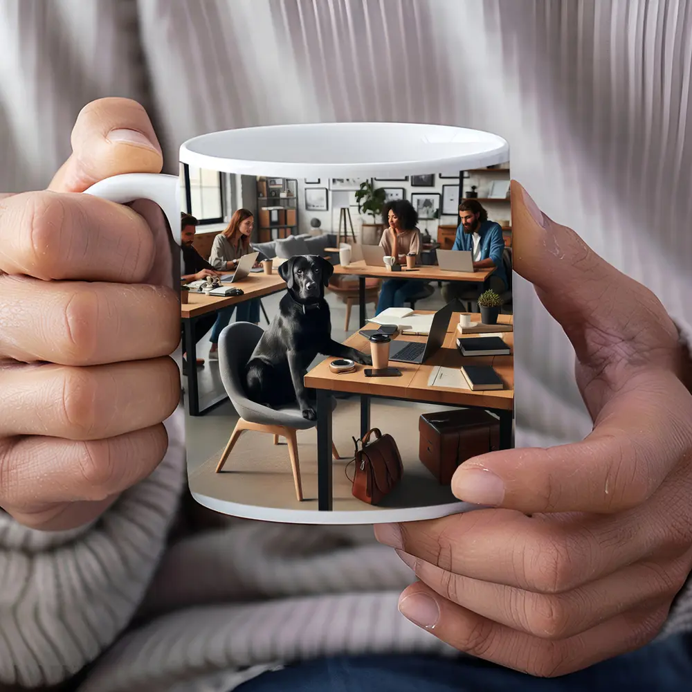 Black Labrador Sitting at Modern Office Desk – Mugs