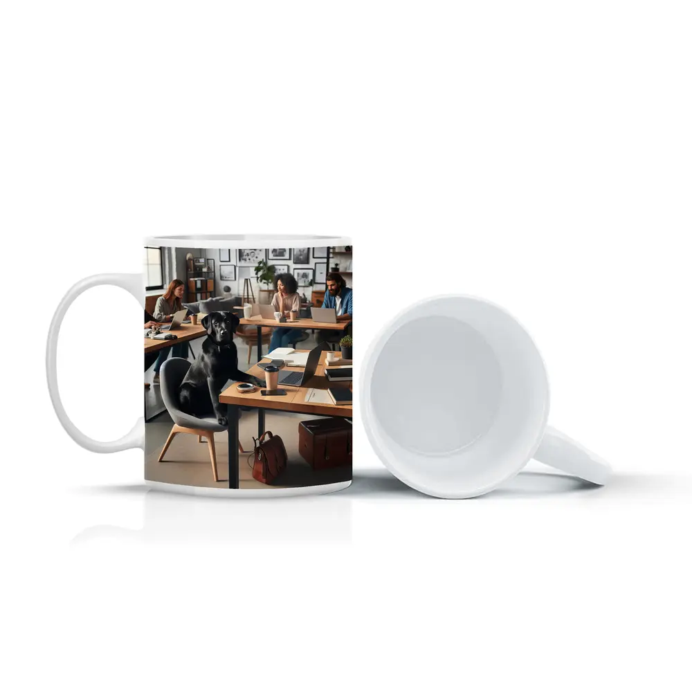 Black Labrador Sitting at Modern Office Desk – Mugs