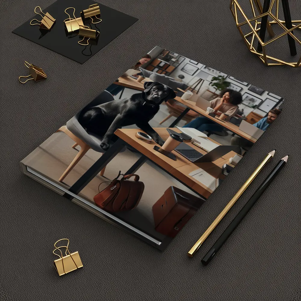 Black Labrador Sitting at Modern Office Desk – Notebooks