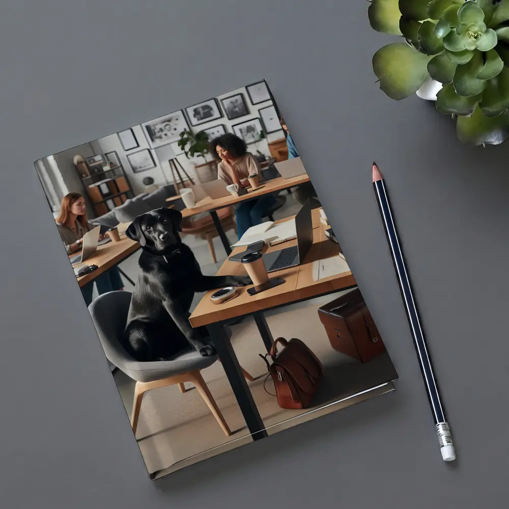 Black Labrador Sitting at Modern Office Desk – Notebooks