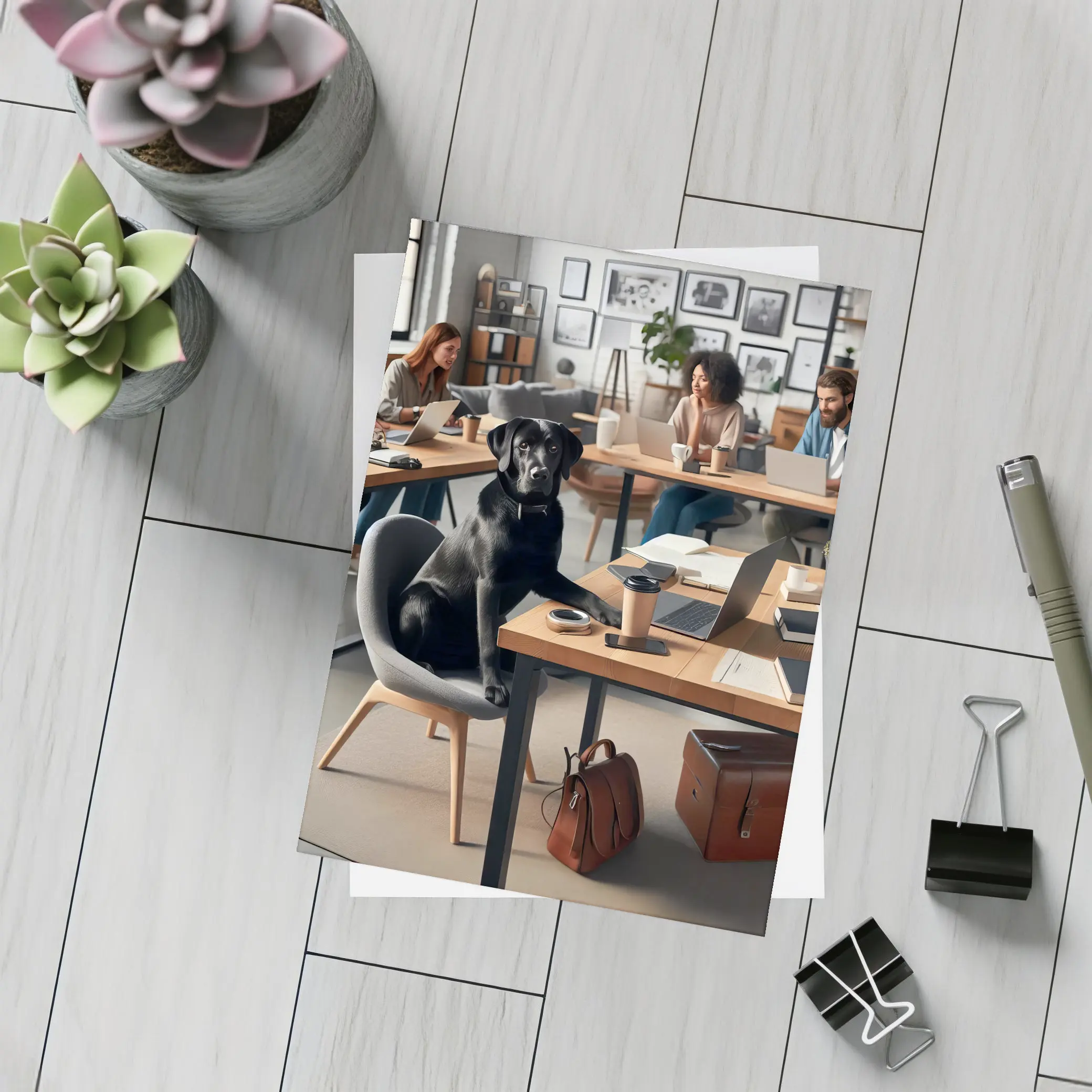 Black Labrador Sitting at Modern Office Desk – Postcards