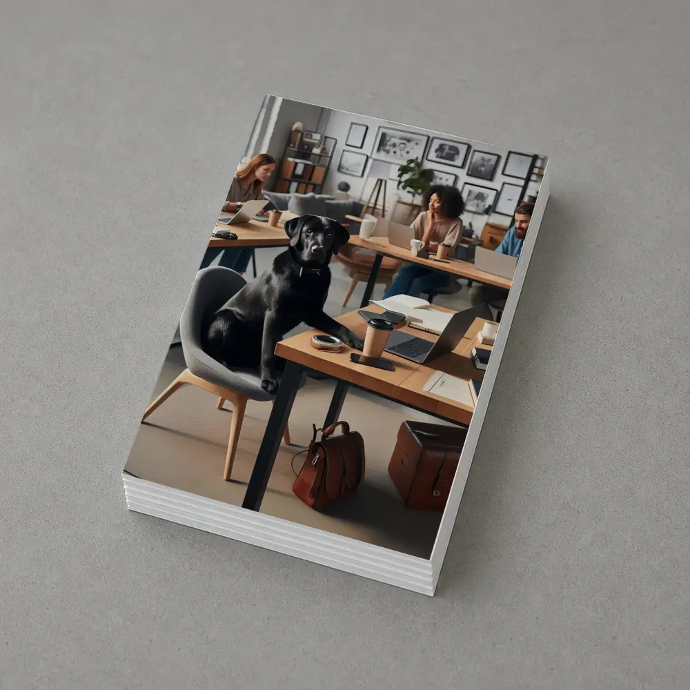 Black Labrador Sitting at Modern Office Desk – Postcards