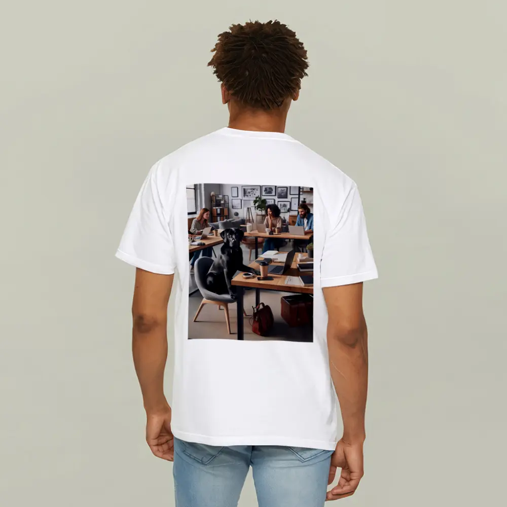 Black Labrador Sitting at Modern Office Desk – T-Shirts