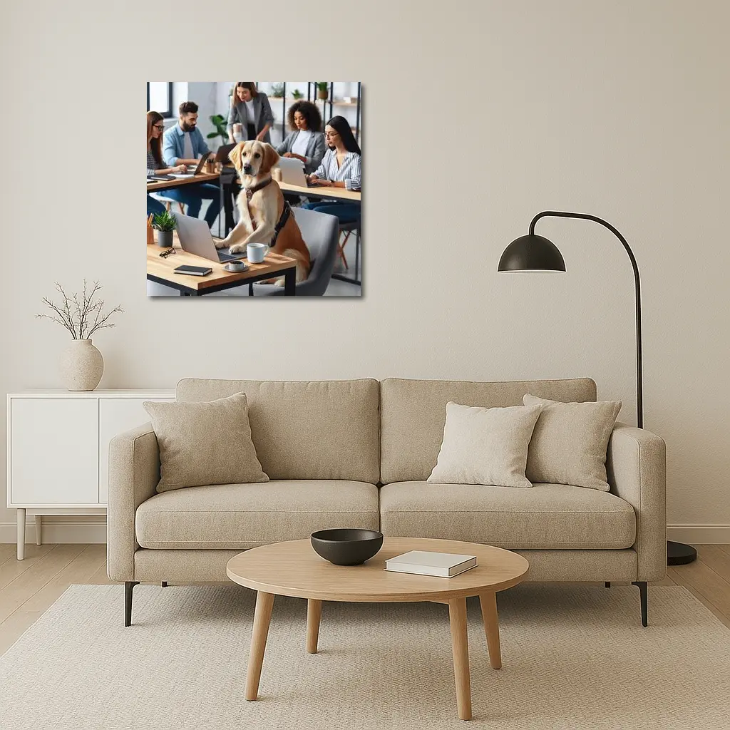 Golden Retriever Working At Office Desk – Wall Art
