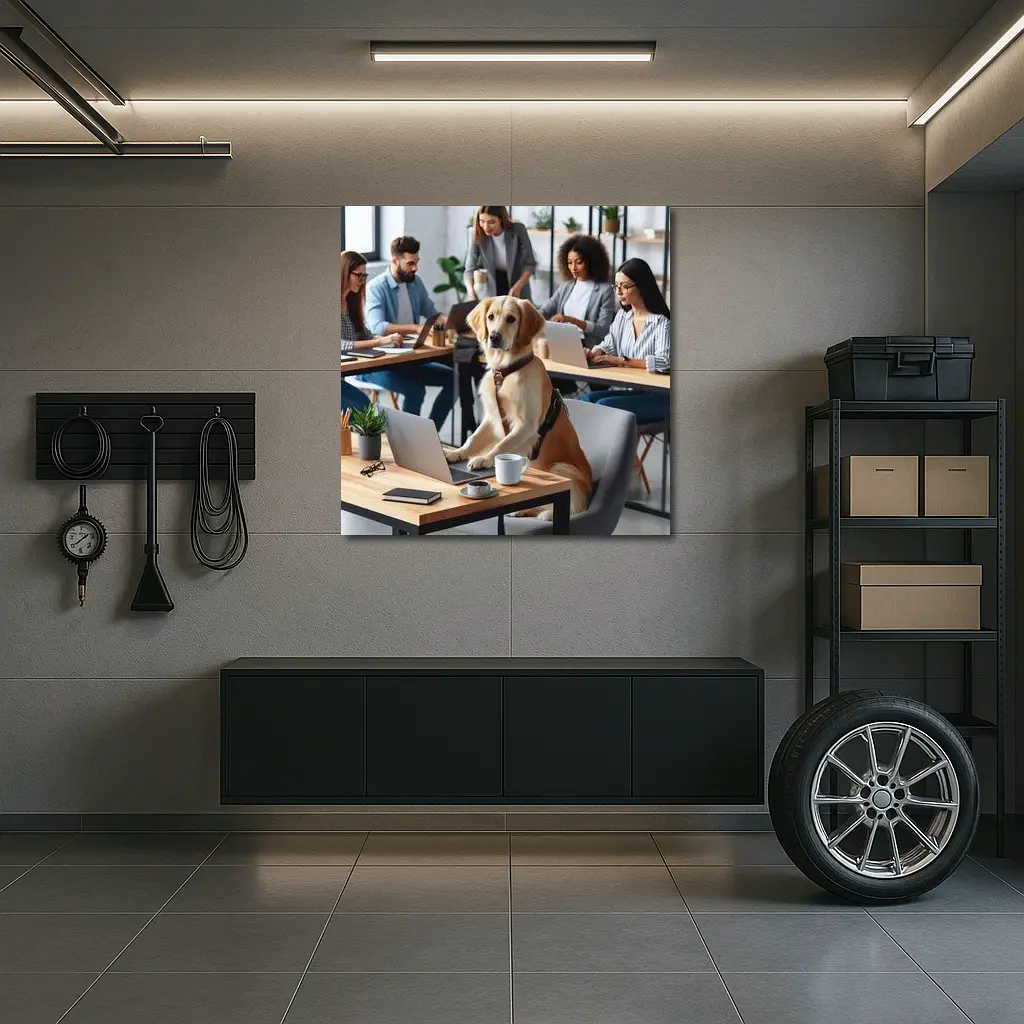 Golden Retriever Working At Office Desk – Wall Art