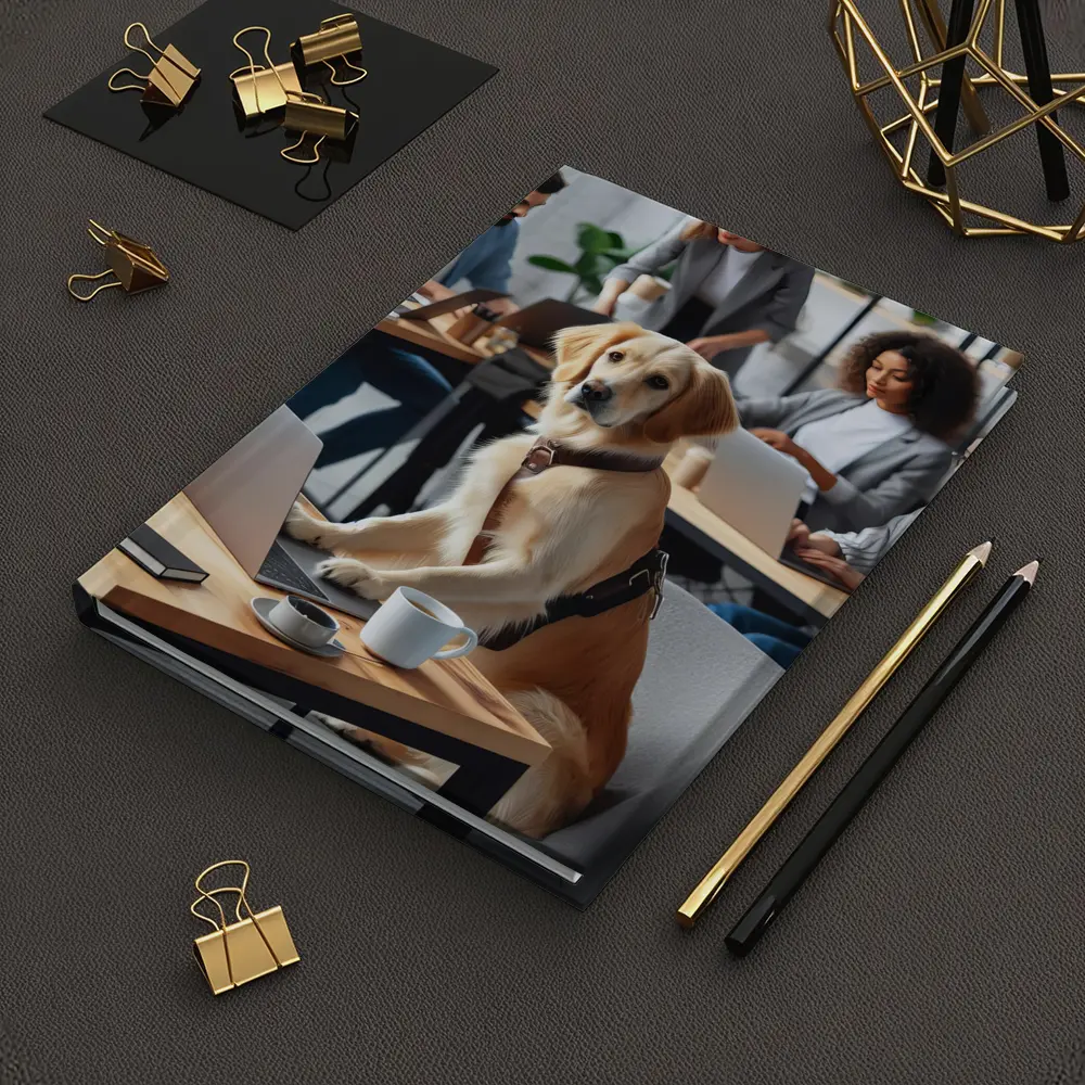 Golden Retriever Working At Office Desk – Notebooks