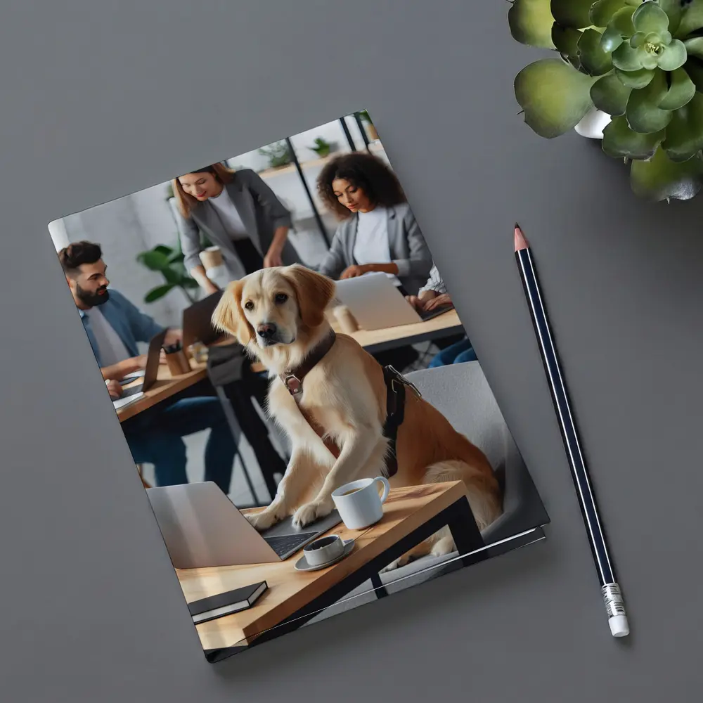 Golden Retriever Working At Office Desk – Notebooks