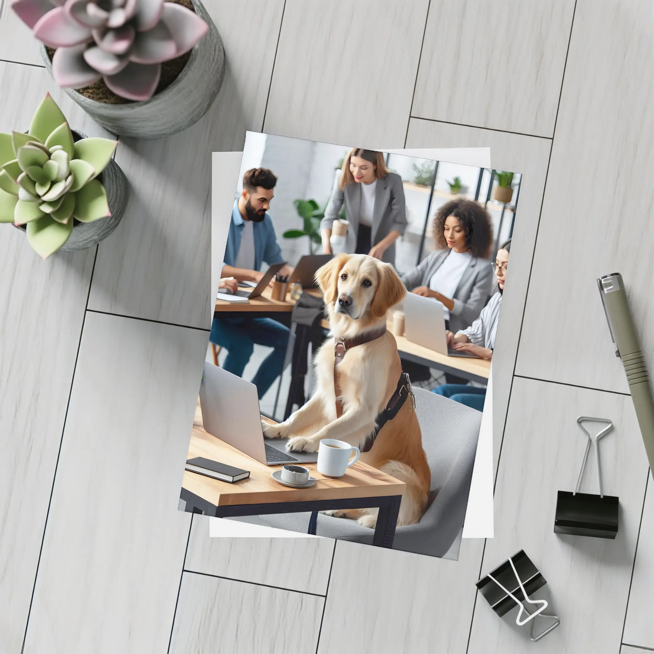 Golden Retriever Working At Office Desk – Postcards