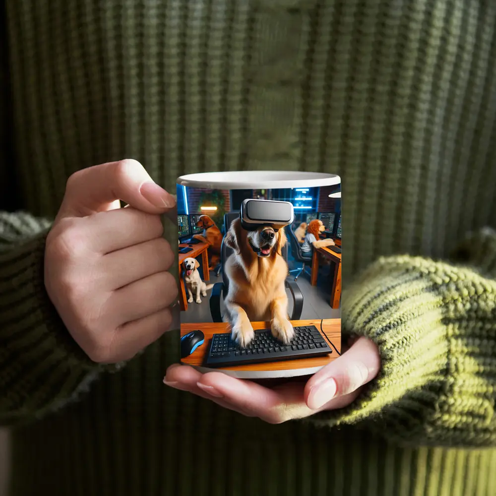 Golden Retriever Gaming With VR Headset – Mugs