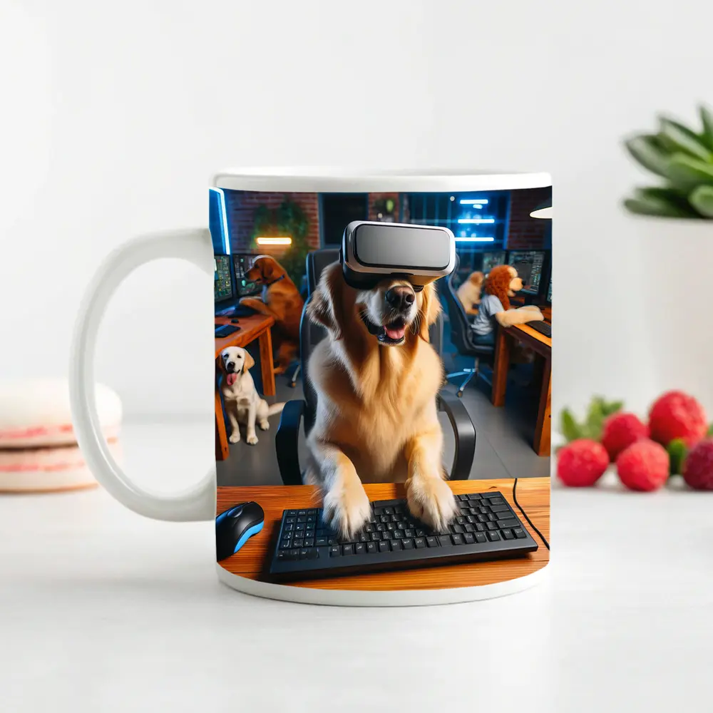 Golden Retriever Gaming With VR Headset – Mugs