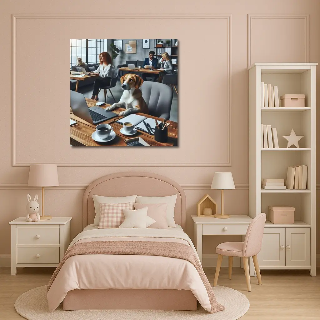 Beagle Dog Sitting at Office Desk – Wall Art