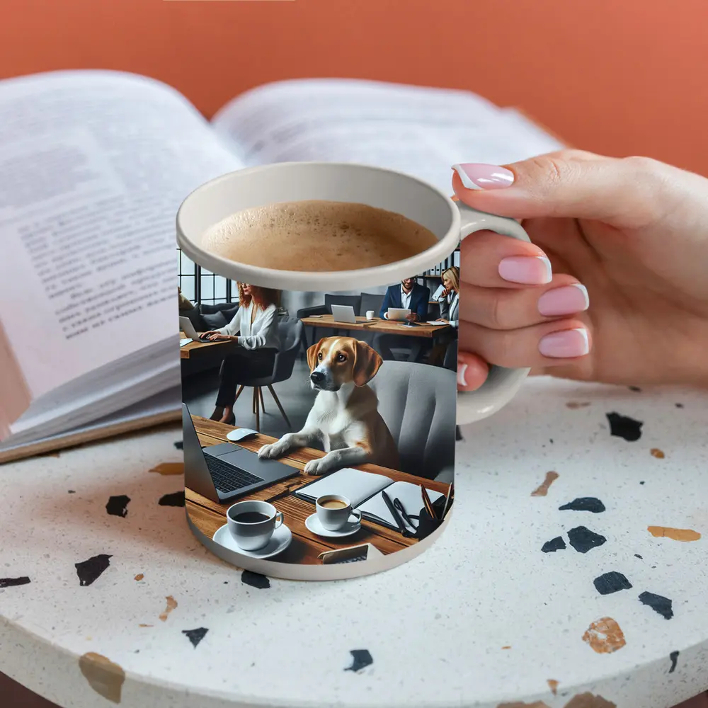 Beagle Dog Sitting at Office Desk – Mugs