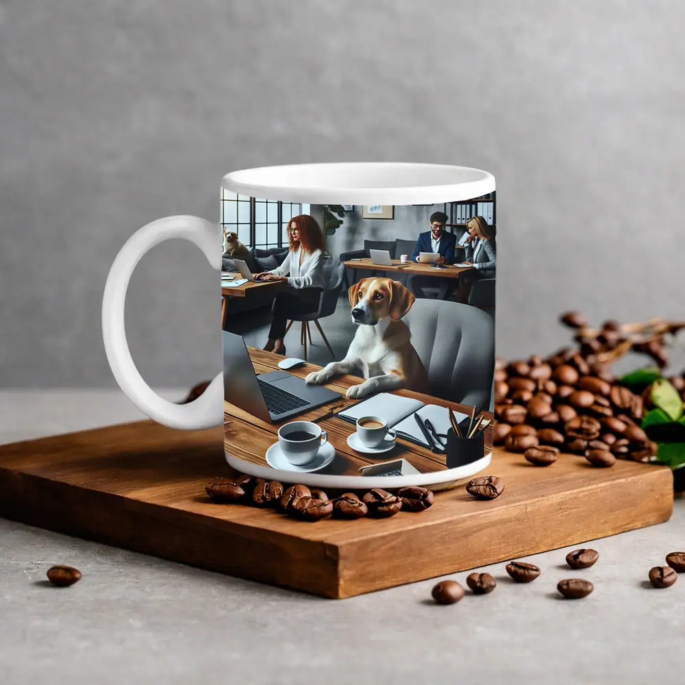 Beagle Dog Sitting at Office Desk – Mugs