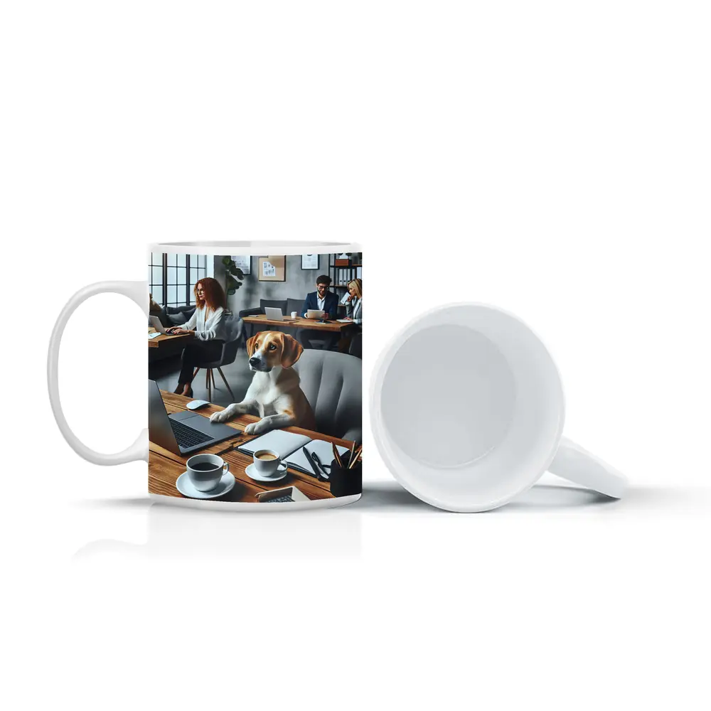 Beagle Dog Sitting at Office Desk – Mugs