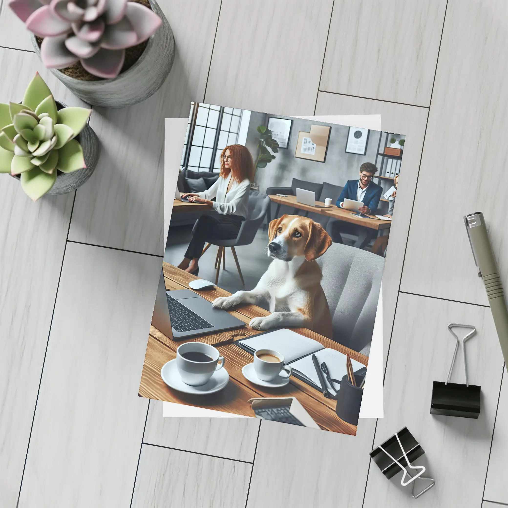 Beagle Dog Sitting at Office Desk – Postcards