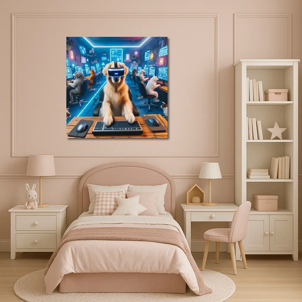 Golden Retriever Gaming VR Headset Neon Room – Wall Art