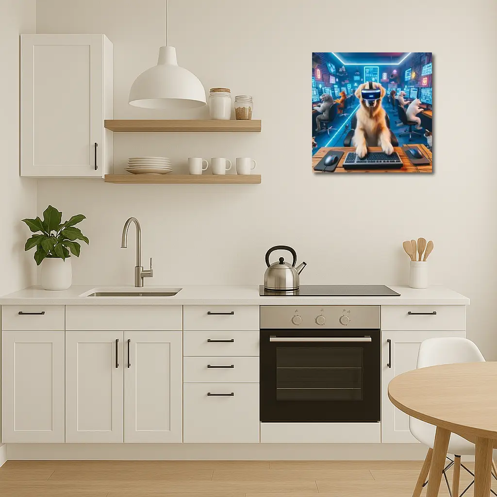 Golden Retriever Gaming VR Headset Neon Room – Wall Art