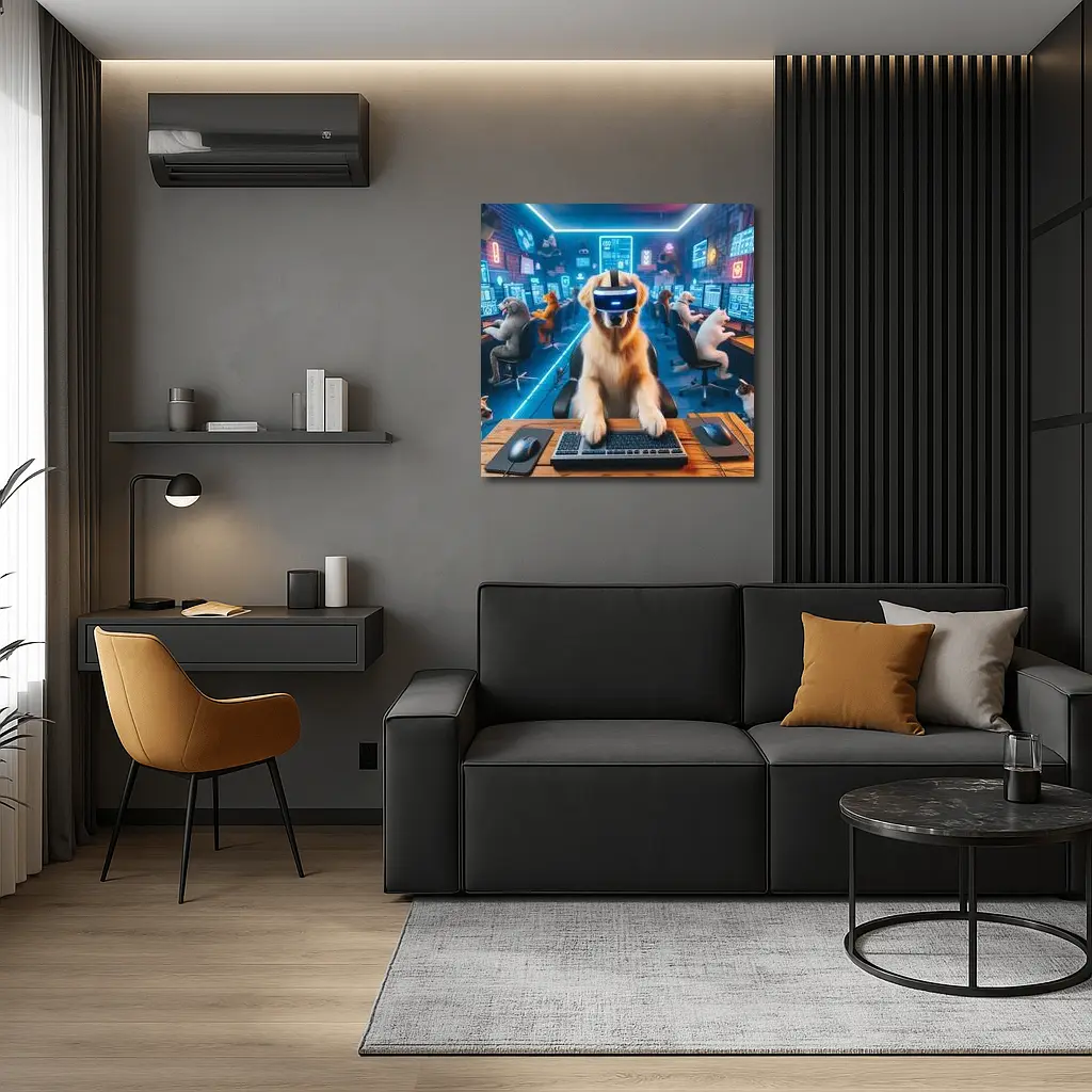 Golden Retriever Gaming VR Headset Neon Room – Wall Art