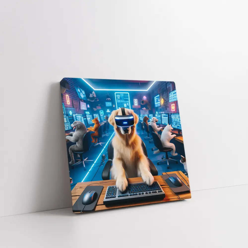 Golden Retriever Gaming VR Headset Neon Room – Wall Art