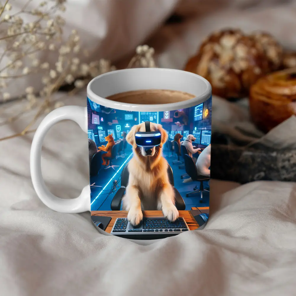 Golden Retriever Gaming VR Headset Neon Room – Mugs
