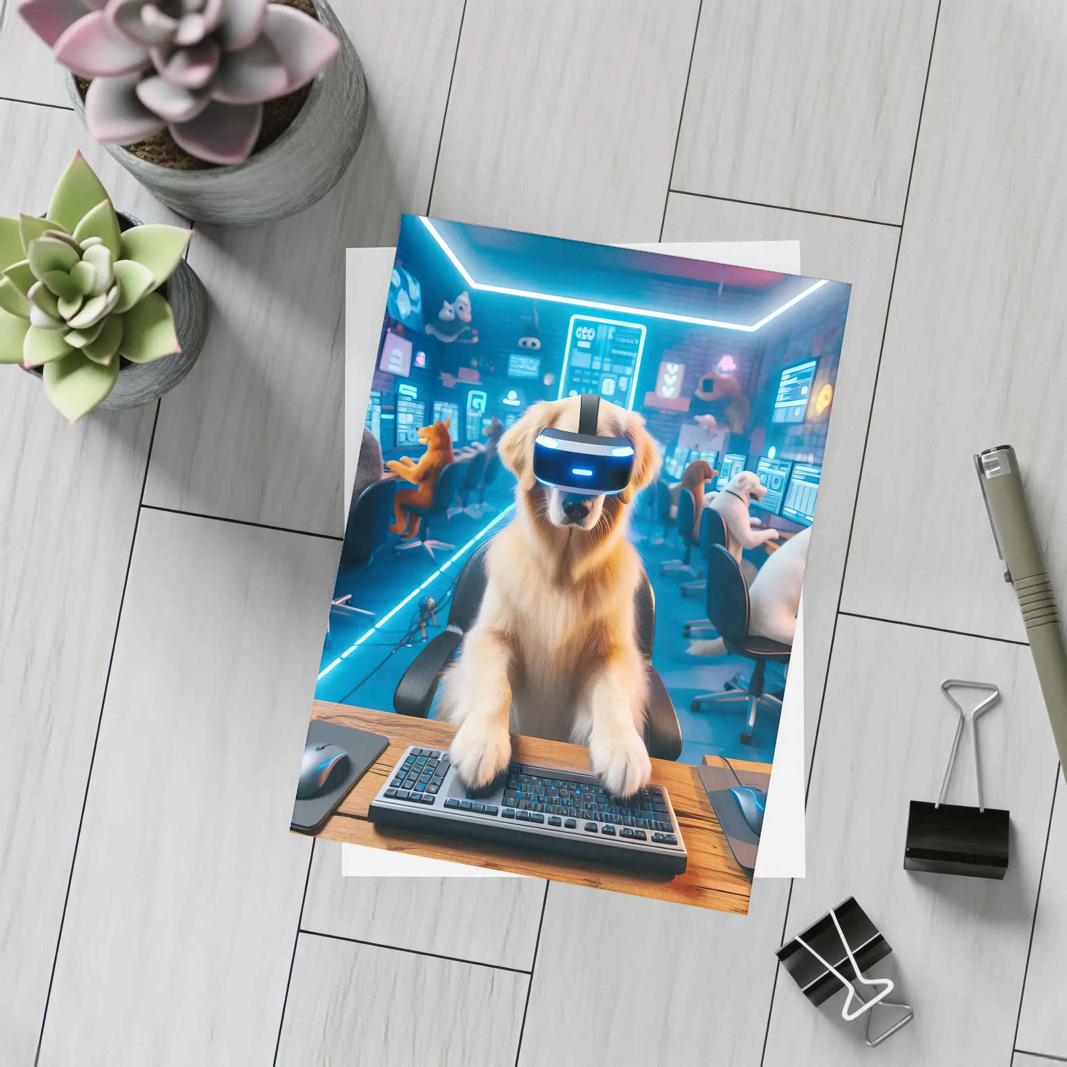 Golden Retriever Gaming VR Headset Neon Room – Postcards