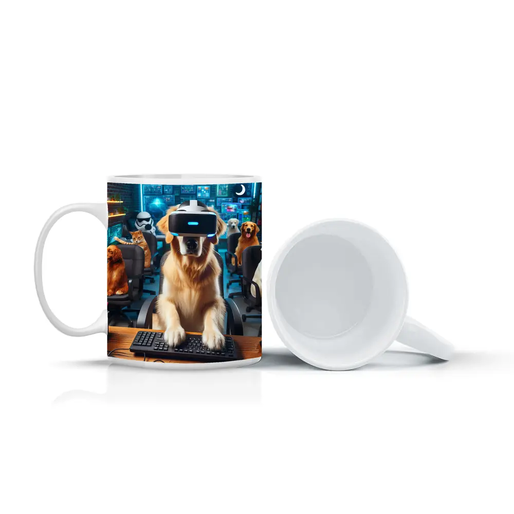 Golden Retriever Gaming With VR Headset – Mugs