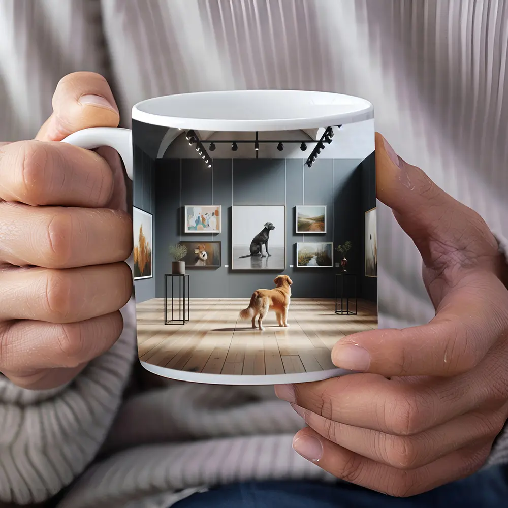Golden Retriever Dog in Art Gallery – Mugs
