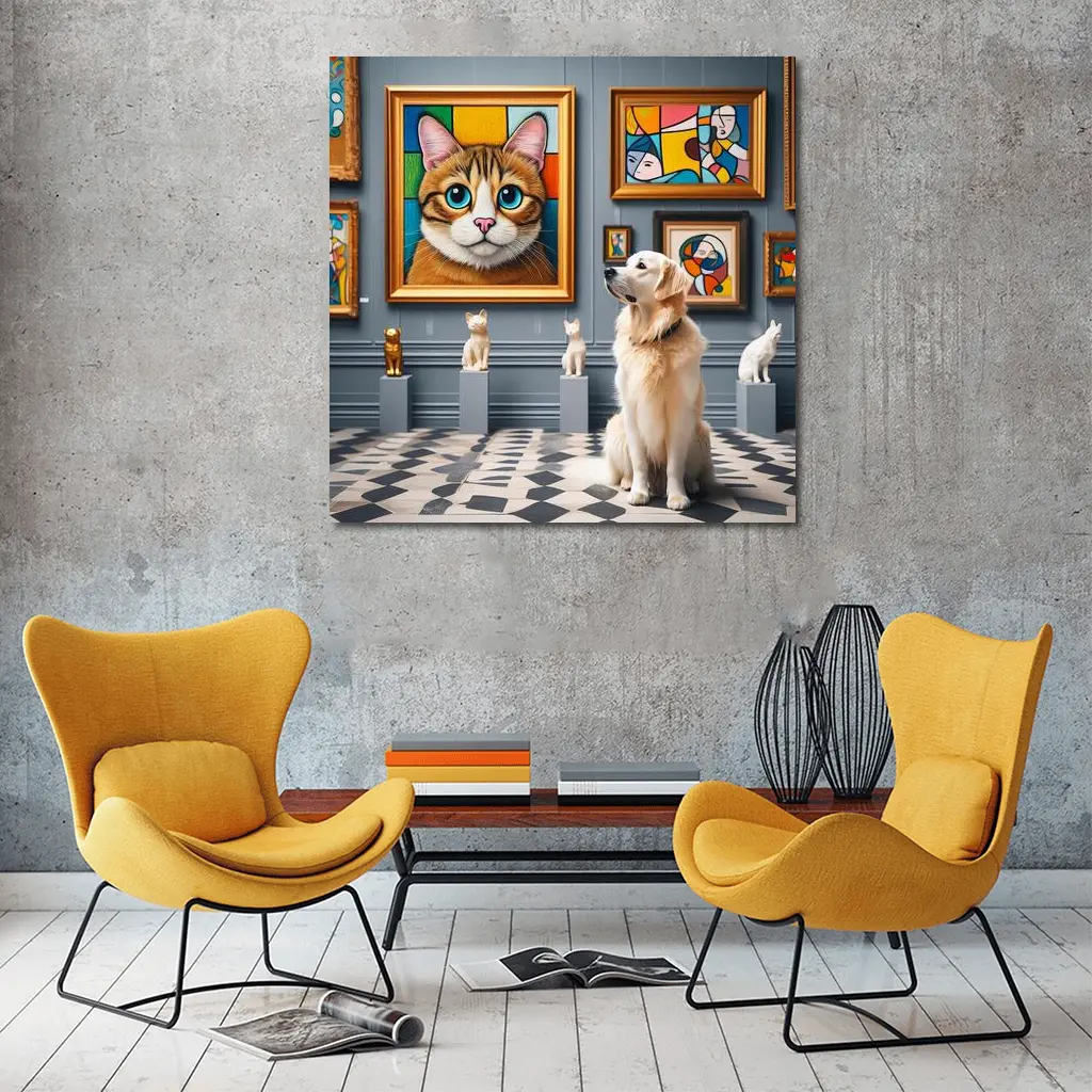 Golden Retriever Admiring Cat Portrait Art Gallery – Wall Art