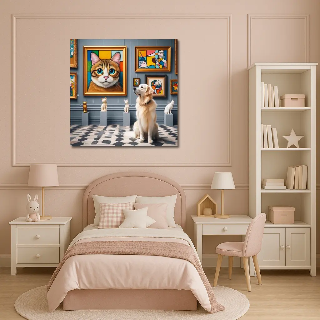 Golden Retriever Admiring Cat Portrait Art Gallery – Wall Art