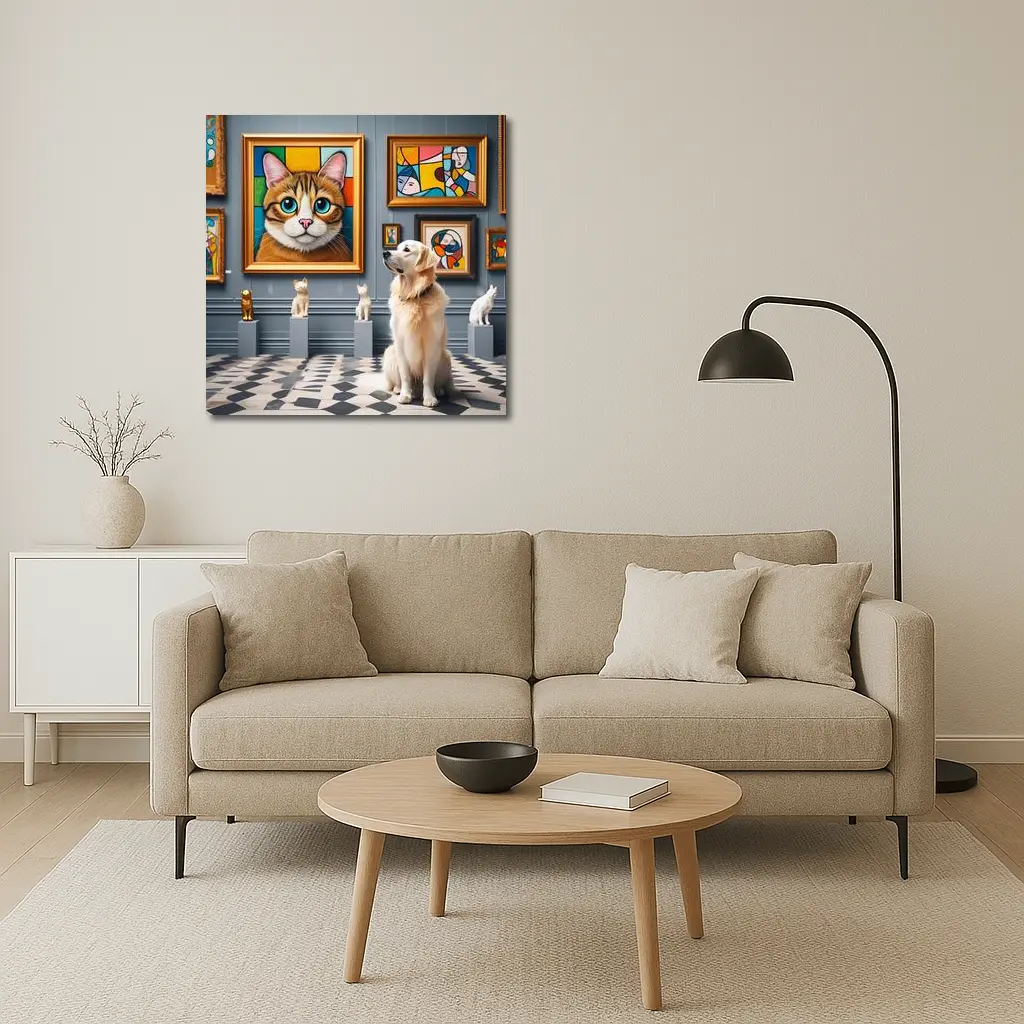 Golden Retriever Admiring Cat Portrait Art Gallery – Wall Art