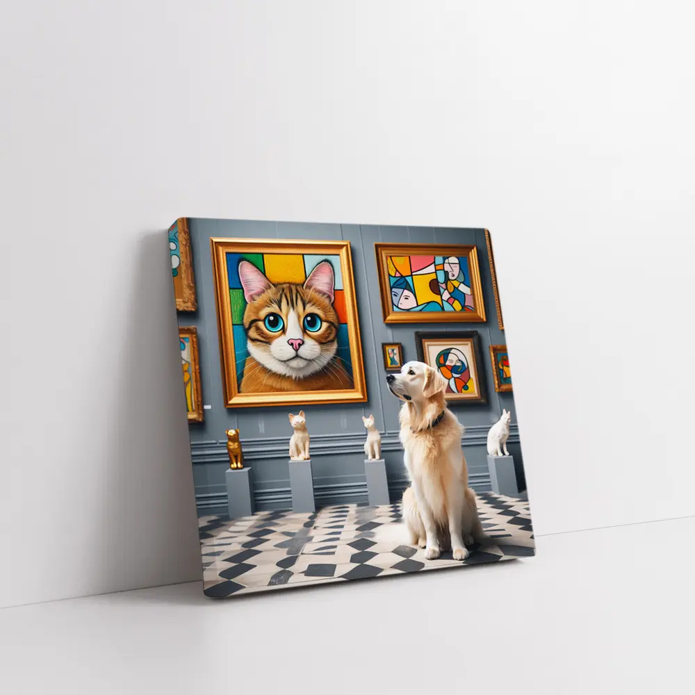Golden Retriever Admiring Cat Portrait Art Gallery – Wall Art