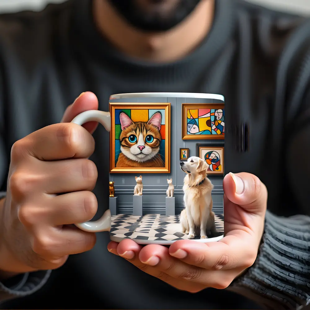 Golden Retriever Admiring Cat Portrait Art Gallery – Mugs