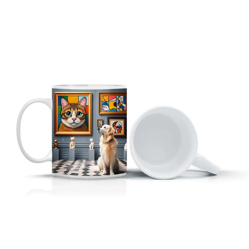 Golden Retriever Admiring Cat Portrait Art Gallery – Mugs