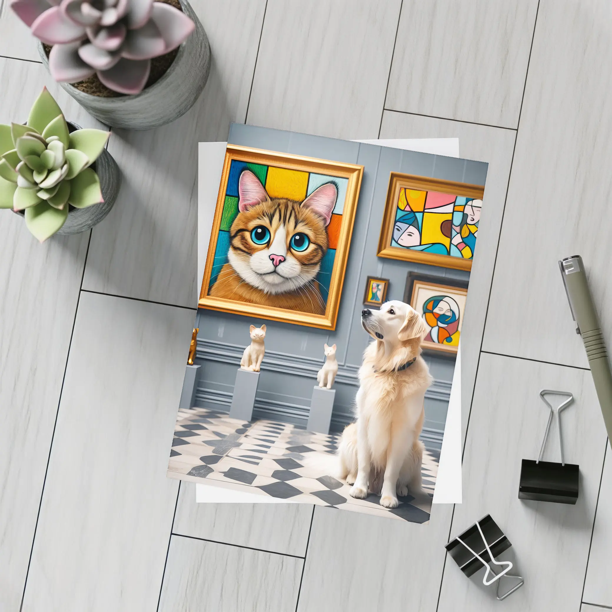 Golden Retriever Admiring Cat Portrait Art Gallery – Postcards